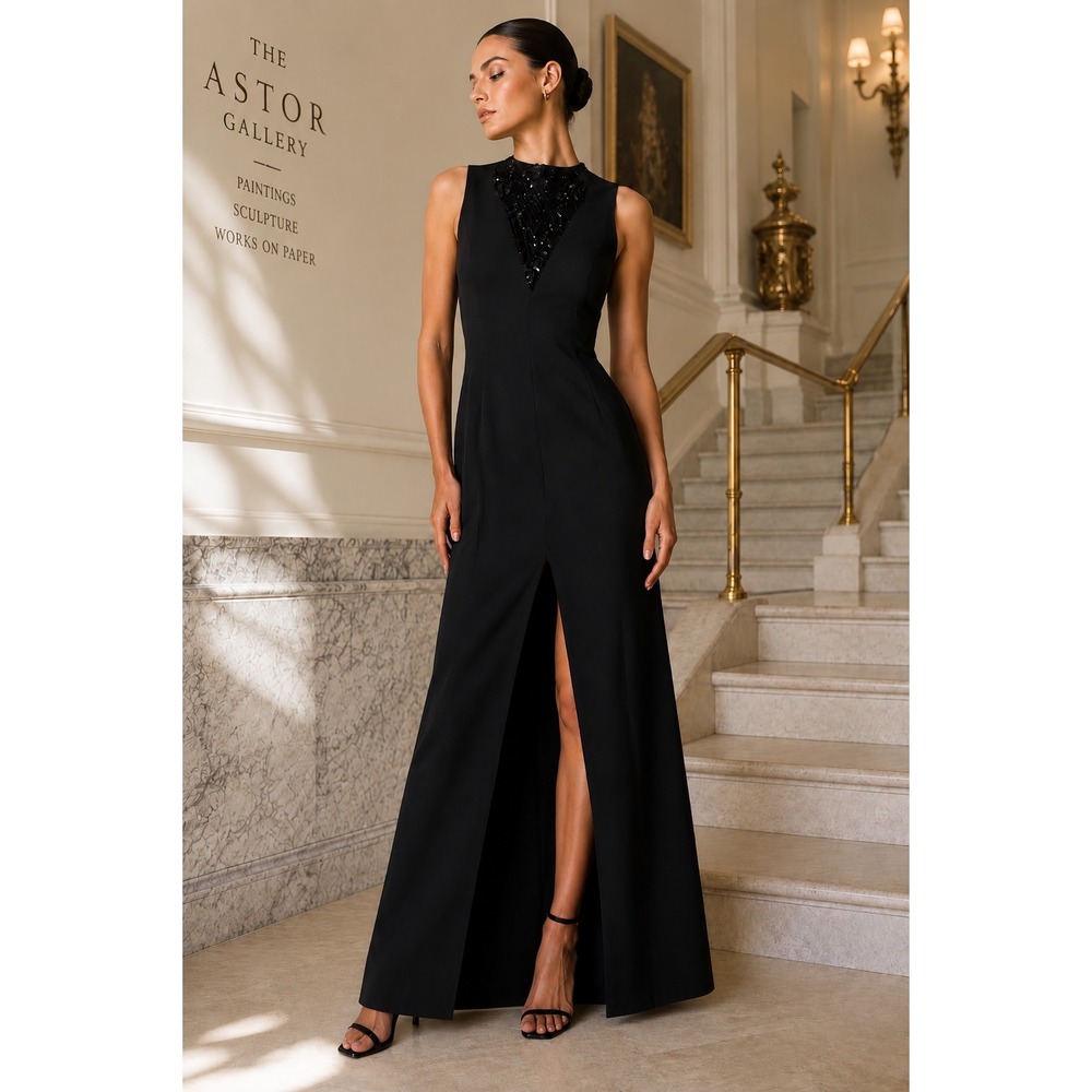Vince Camuto Black Beaded Sequin Gown Dress Formal Wedding Guest  Luxe Party Sz4